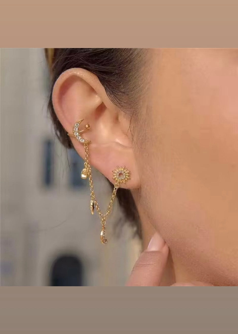 Celestial sun-moon chain earrings