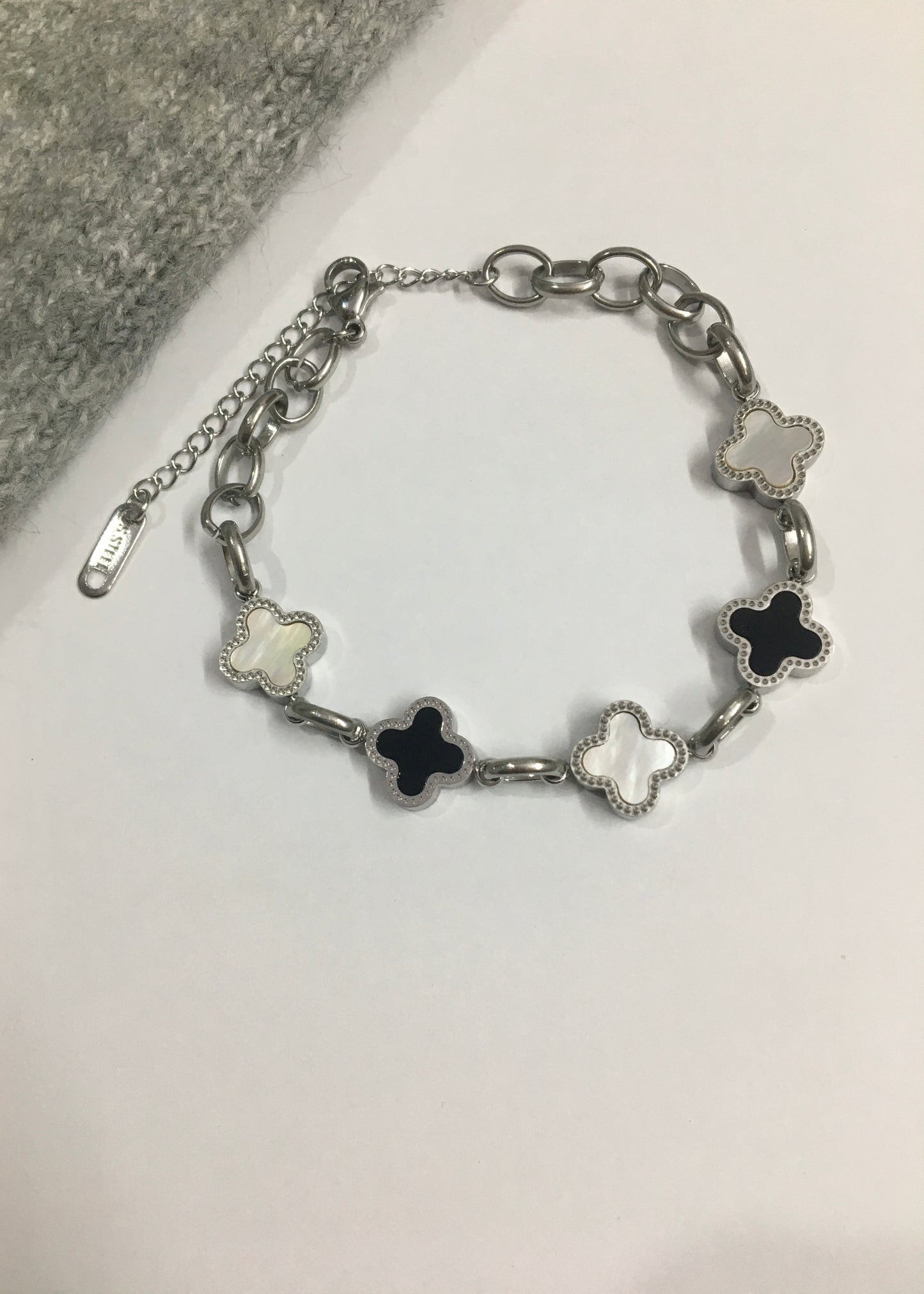 Black & white silver clover bracelet