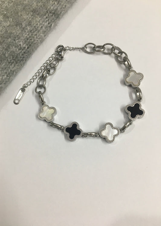 Black & white silver clover bracelet
