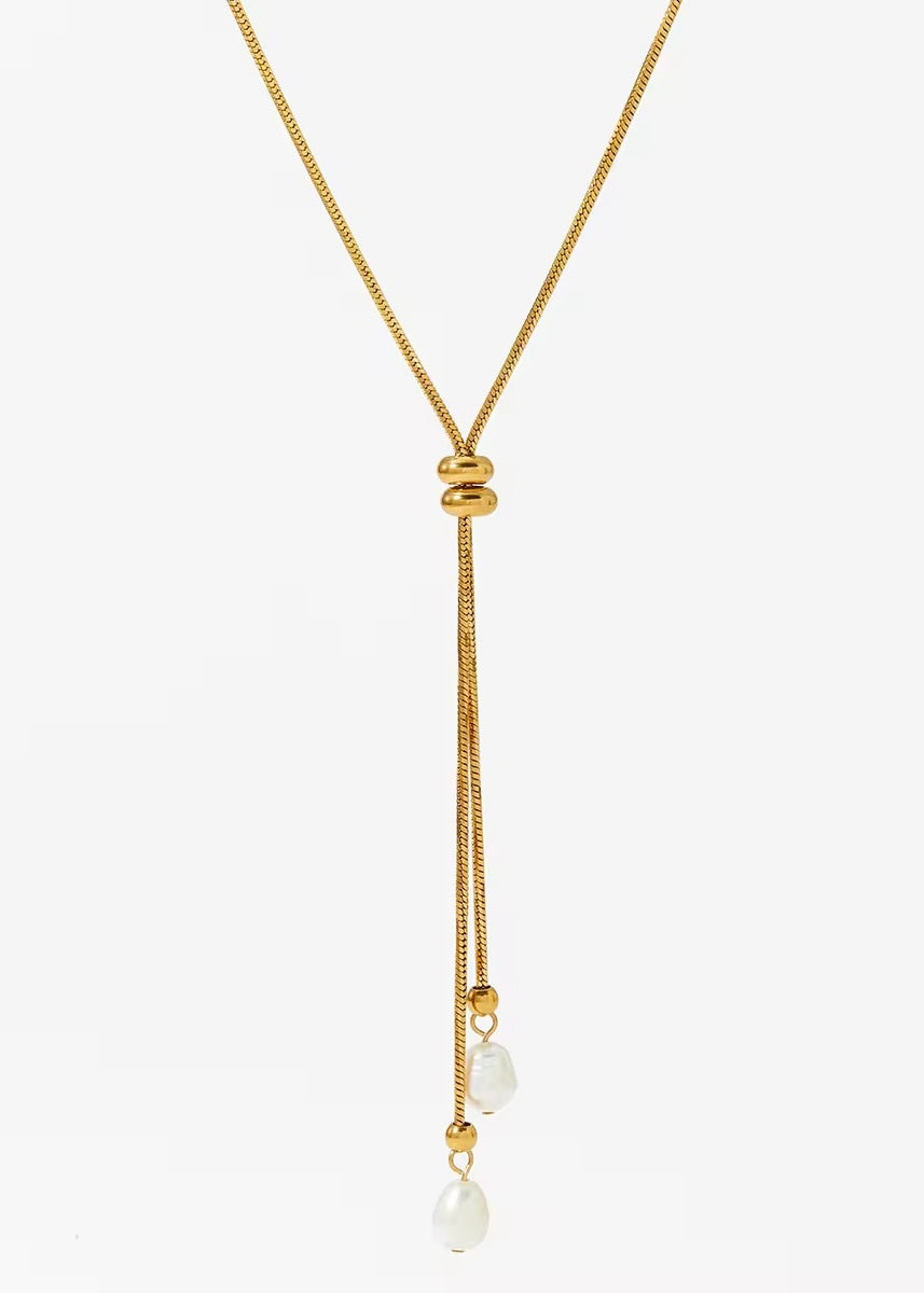 Tie-chain pearl necklace